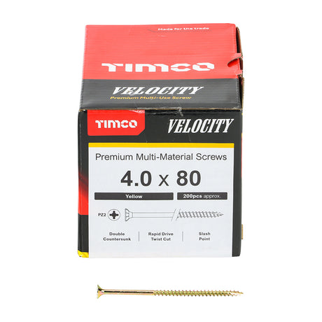 This is an image showing TIMCO Velocity Premium Multi-Use Screws - PZ - Double Countersunk - Yellow - 4.0 x 80 - 200 Pieces Box available from T.H Wiggans Ironmongery in Kendal, quick delivery at discounted prices.