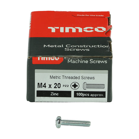 This is an image showing TIMCO Metric Threaded Machine Screws - PZ - Pan Head - Zinc - M4 x 20 - 100 Pieces Box available from T.H Wiggans Ironmongery in Kendal, quick delivery at discounted prices.