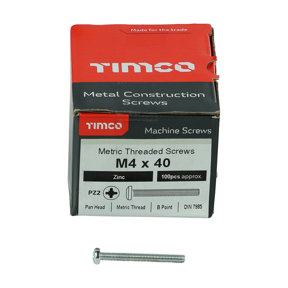 This is an image showing TIMCO Metric Threaded Machine Screws - PZ - Pan Head - Zinc - M4 x 40 - 100 Pieces Box available from T.H Wiggans Ironmongery in Kendal, quick delivery at discounted prices.