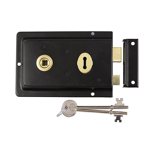 This is an image showing TIMCO Rim Sash Lock Fluted - Black - 156 x 106mm - 1 Each TIMbag available from T.H Wiggans Ironmongery in Kendal, quick delivery at discounted prices.