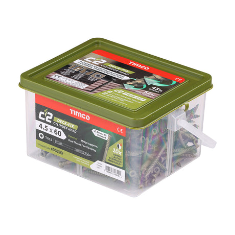 This is an image showing TIMCO C2 Deck-Fix - TX - Cylinder - Twin-Cut - Green - 4.5 x 60 - 250 Pieces Tub available from T.H Wiggans Ironmongery in Kendal, quick delivery at discounted prices.