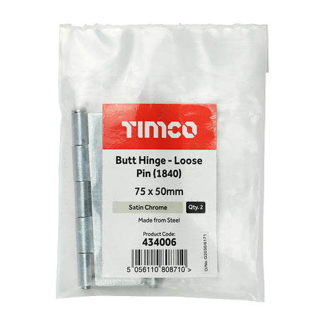 This is an image showing TIMCO Plain Butt Hinge - Loose Pin (1840) - Satin Chrome - 75 x 50 - 2 Pieces Plain Bag available from T.H Wiggans Ironmongery in Kendal, quick delivery at discounted prices.