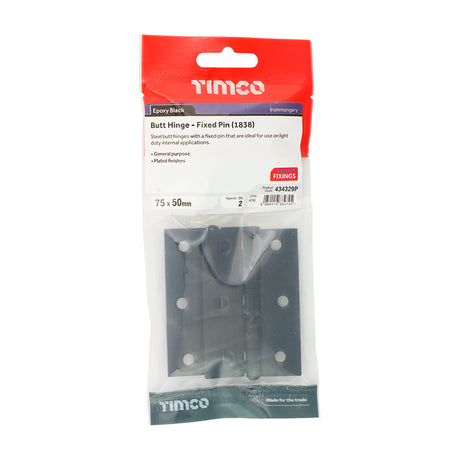 This is an image showing TIMCO Plain Butt Hinge - Fixed Pin (1838) - Black - 75 x 50 - 2 Pieces TIMpac available from T.H Wiggans Ironmongery in Kendal, quick delivery at discounted prices.