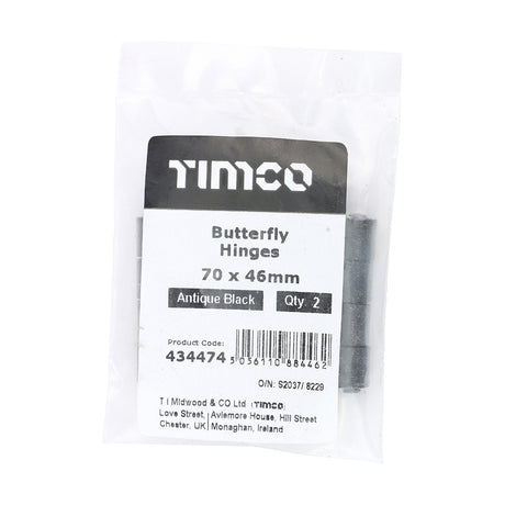 This is an image showing TIMCO Pair of Butterfly Hinges - Antique Black - 70 x 46 - 2 Pieces Bag available from T.H Wiggans Ironmongery in Kendal, quick delivery at discounted prices.