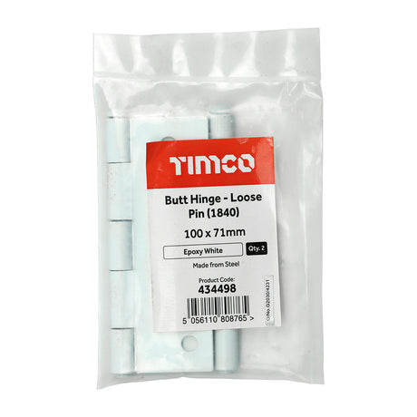 This is an image showing TIMCO Plain Butt Hinge - Loose Pin (1840) - White - 100 x 71 - 2 Pieces Plain Bag available from T.H Wiggans Ironmongery in Kendal, quick delivery at discounted prices.