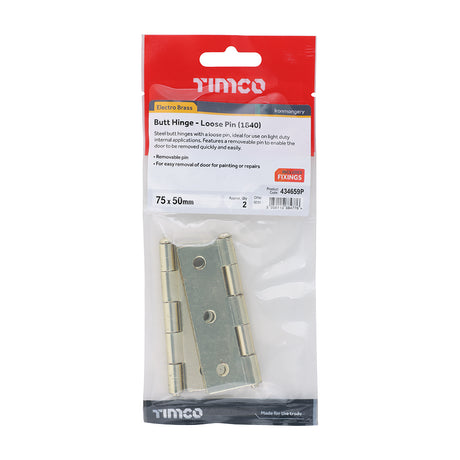 This is an image showing TIMCO Plain Butt Hinge - Loose Pin (1840) - Electro Brass - 75 x 50 - 2 Pieces TIMpac available from T.H Wiggans Ironmongery in Kendal, quick delivery at discounted prices.