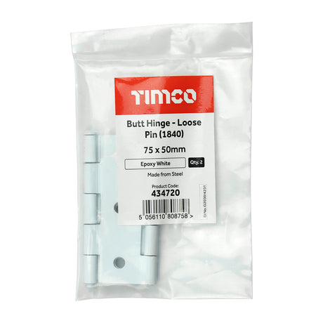 This is an image showing TIMCO Plain Butt Hinge - Loose Pin (1840) - White - 75 x 50 - 2 Pieces Plain Bag available from T.H Wiggans Ironmongery in Kendal, quick delivery at discounted prices.