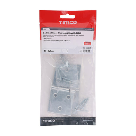 This is an image showing TIMCO Backflap Hinge - Uncranked Knuckle (404) - Zinc - 50 x 106 - 2 Pieces TIMpac available from T.H Wiggans Ironmongery in Kendal, quick delivery at discounted prices.