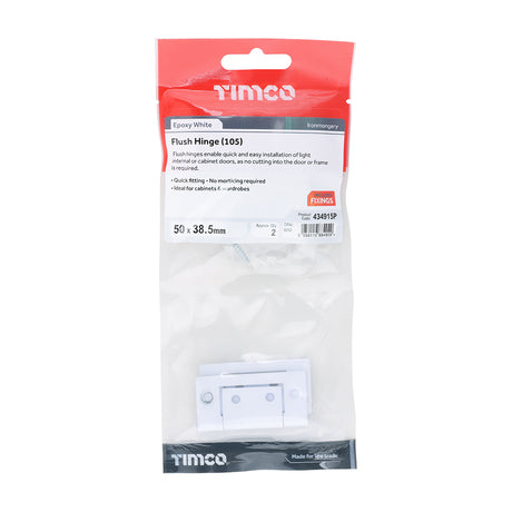 This is an image showing TIMCO Flush Hinge (105) - White - 50 x 38.5 - 2 Pieces TIMpac available from T.H Wiggans Ironmongery in Kendal, quick delivery at discounted prices.