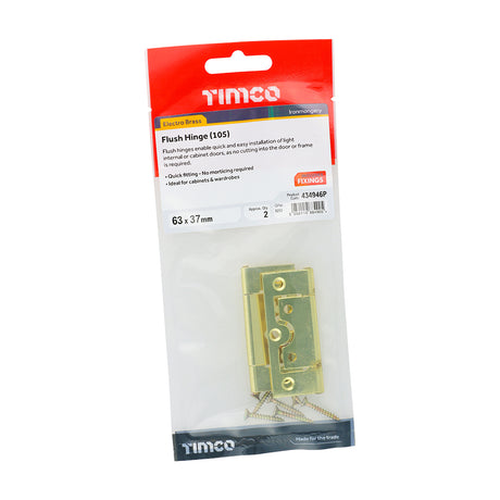 This is an image showing TIMCO Flush Hinge (105) - Electro Brass - 63 x 37 - 2 Pieces TIMpac available from T.H Wiggans Ironmongery in Kendal, quick delivery at discounted prices.