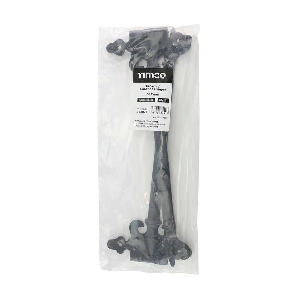 This is an image showing TIMCO Pair of Crown / Coronet Hinges - Antique Black - 317mm - 2 Pieces Bag available from T.H Wiggans Ironmongery in Kendal, quick delivery at discounted prices.