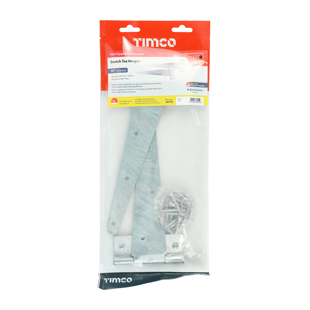 This is an image showing TIMCO Pair of Scotch Tee Hinges - Hot Dipped Galvanised - 10" - 1 Each TIMbag available from T.H Wiggans Ironmongery in Kendal, quick delivery at discounted prices.