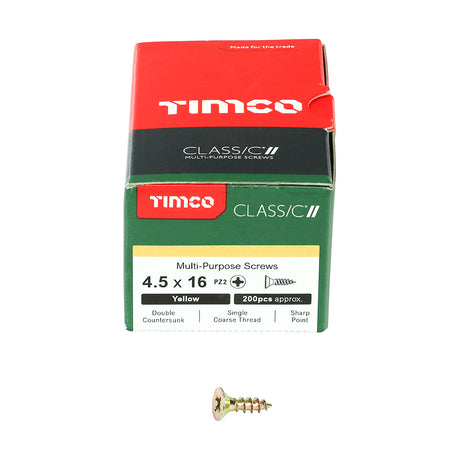 This is an image showing TIMCO Classic Multi-Purpose Screws - PZ - Double Countersunk - Yellow - 4.5 x 16 - 200 Pieces Box available from T.H Wiggans Ironmongery in Kendal, quick delivery at discounted prices.