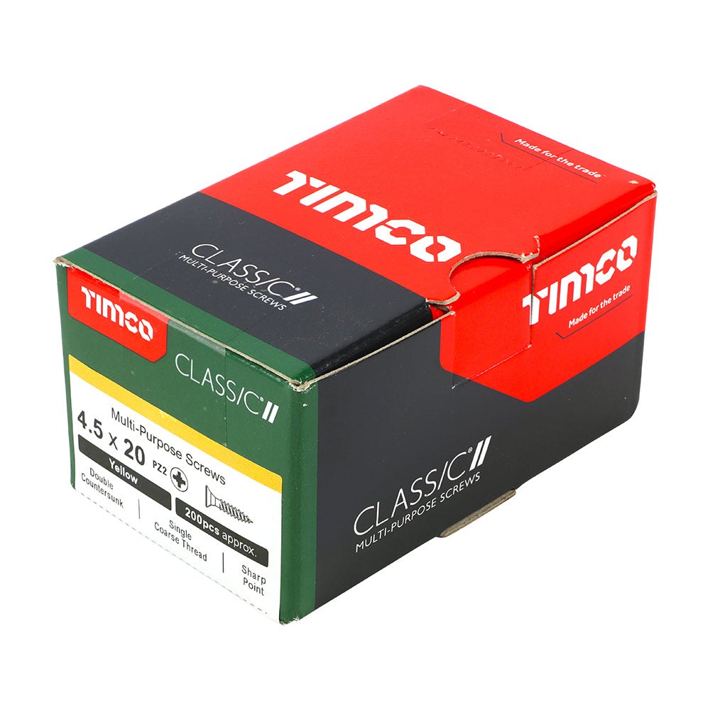 This is an image showing TIMCO Classic Multi-Purpose Screws - PZ - Double Countersunk - Yellow - 4.5 x 20 - 200 Pieces Box available from T.H Wiggans Ironmongery in Kendal, quick delivery at discounted prices.