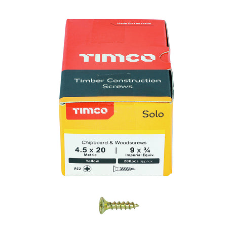 This is an image showing TIMCO Solo Chipboard & Woodscrews - PZ - Double Countersunk - Yellow - 4.5 x 20 - 200 Pieces Box available from T.H Wiggans Ironmongery in Kendal, quick delivery at discounted prices.