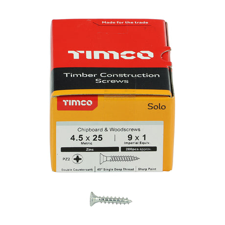 This is an image showing TIMCO Solo Chipboard & Woodscrews - PZ - Double Countersunk - Zinc - 4.5 x 25 - 200 Pieces Box available from T.H Wiggans Ironmongery in Kendal, quick delivery at discounted prices.