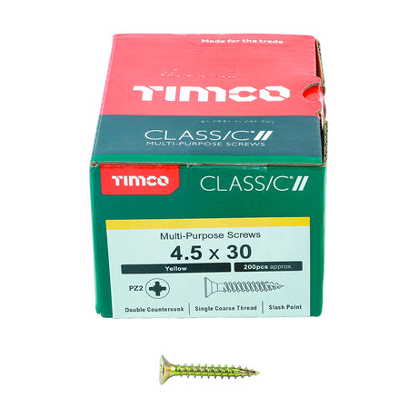 This is an image showing TIMCO Classic Multi-Purpose Screws - PZ - Double Countersunk - Yellow - 4.5 x 30 - 200 Pieces Box available from T.H Wiggans Ironmongery in Kendal, quick delivery at discounted prices.