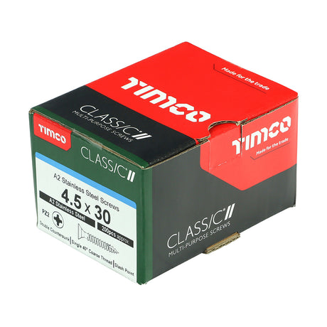 This is an image showing TIMCO Classic Multi-Purpose Screws - PZ - Double Countersunk - A2 Stainless Steel
 - 4.5 x 30 - 200 Pieces Box available from T.H Wiggans Ironmongery in Kendal, quick delivery at discounted prices.