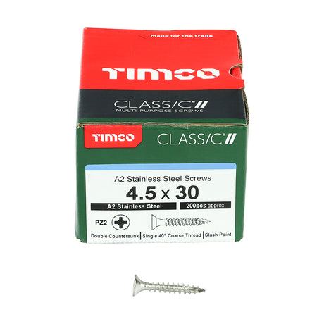 This is an image showing TIMCO Classic Multi-Purpose Screws - PZ - Double Countersunk - A2 Stainless Steel
 - 4.5 x 30 - 200 Pieces Box available from T.H Wiggans Ironmongery in Kendal, quick delivery at discounted prices.