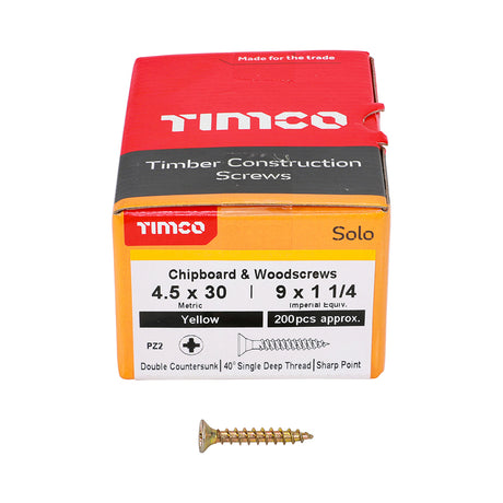 This is an image showing TIMCO Solo Chipboard & Woodscrews - PZ - Double Countersunk - Yellow - 4.5 x 30 - 200 Pieces Box available from T.H Wiggans Ironmongery in Kendal, quick delivery at discounted prices.