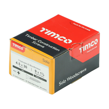 This is an image showing TIMCO Solo Chipboard & Woodscrews - PZ - Double Countersunk - Zinc - 4.5 x 30 - 200 Pieces Box available from T.H Wiggans Ironmongery in Kendal, quick delivery at discounted prices.