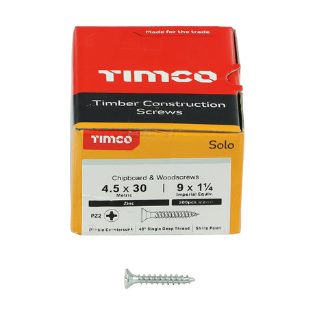 This is an image showing TIMCO Solo Chipboard & Woodscrews - PZ - Double Countersunk - Zinc - 4.5 x 30 - 200 Pieces Box available from T.H Wiggans Ironmongery in Kendal, quick delivery at discounted prices.