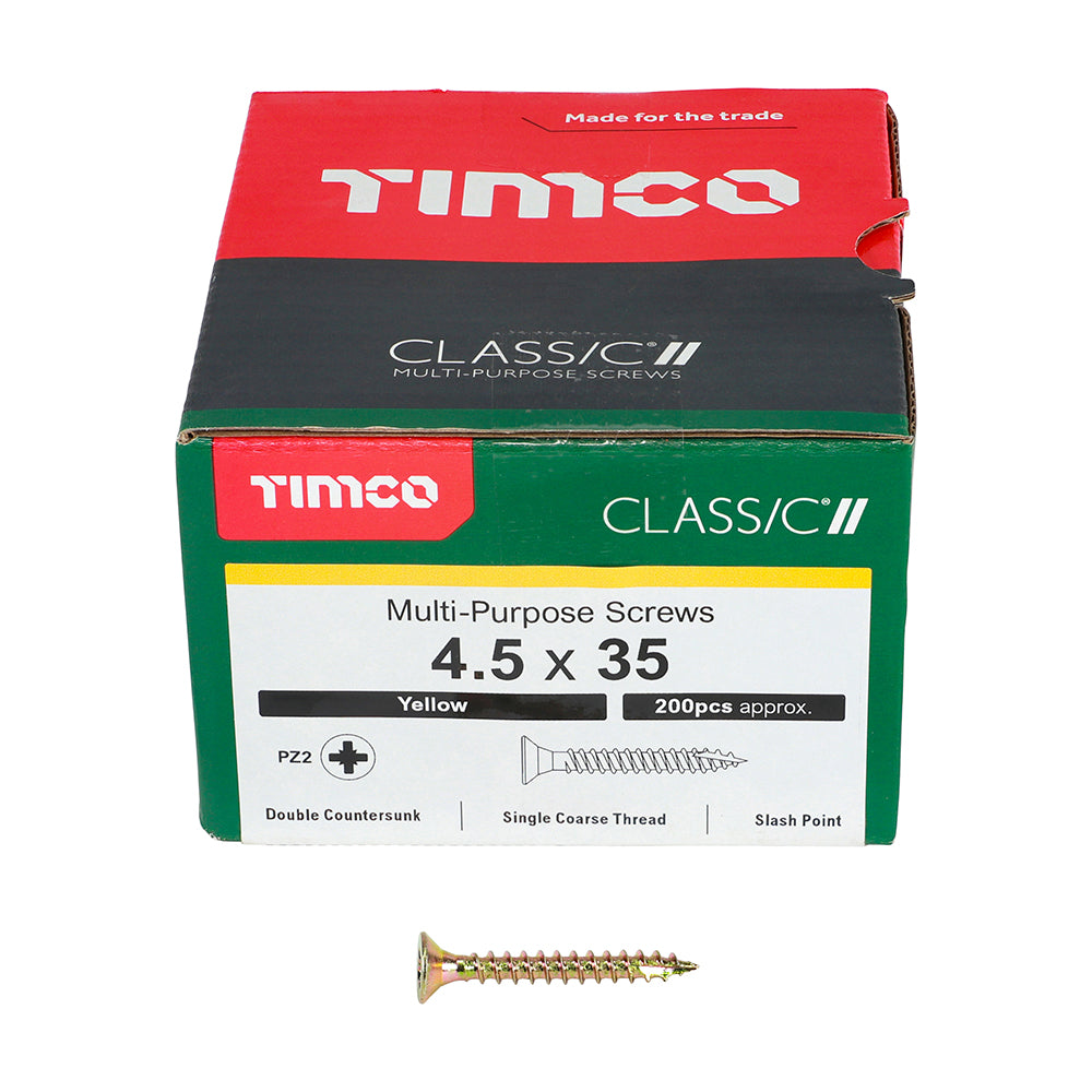 This is an image showing TIMCO Classic Multi-Purpose Screws - PZ - Double Countersunk - Yellow - 4.5 x 35 - 200 Pieces Box available from T.H Wiggans Ironmongery in Kendal, quick delivery at discounted prices.