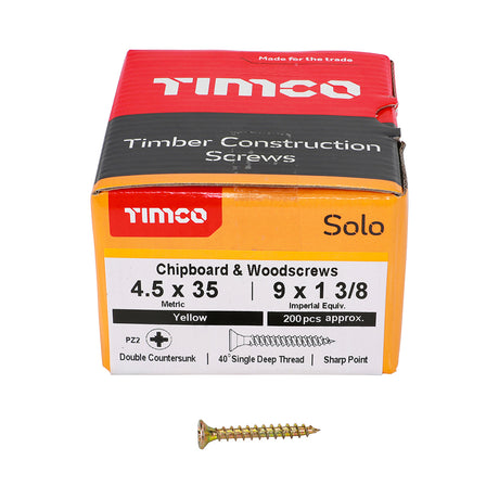 This is an image showing TIMCO Solo Chipboard & Woodscrews - PZ - Double Countersunk - Yellow - 4.5 x 35 - 200 Pieces Box available from T.H Wiggans Ironmongery in Kendal, quick delivery at discounted prices.