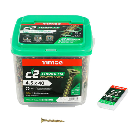 This is an image showing TIMCO C2 Strong-Fix - PZ - Double Countersunk - Twin-Cut - Yellow - 4.5 x 40 - 1000 Pieces Tub available from T.H Wiggans Ironmongery in Kendal, quick delivery at discounted prices.