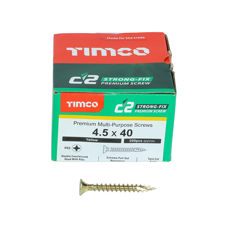 This is an image showing TIMCO C2 Strong-Fix - PZ - Double Countersunk - Twin-Cut - Yellow - 4.5 x 40 - 200 Pieces Box available from T.H Wiggans Ironmongery in Kendal, quick delivery at discounted prices.