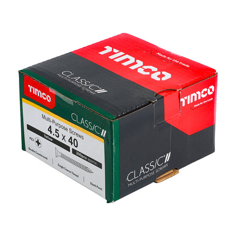This is an image showing TIMCO Classic Multi-Purpose Screws - PZ - Double Countersunk - Yellow - 4.5 x 40 - 200 Pieces Box available from T.H Wiggans Ironmongery in Kendal, quick delivery at discounted prices.