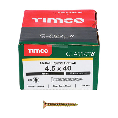 This is an image showing TIMCO Classic Multi-Purpose Screws - PZ - Double Countersunk - Yellow - 4.5 x 40 - 200 Pieces Box available from T.H Wiggans Ironmongery in Kendal, quick delivery at discounted prices.