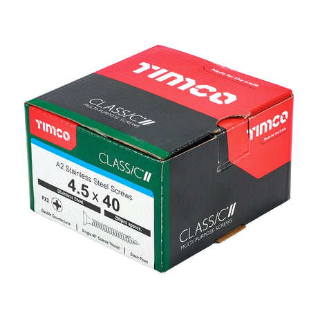This is an image showing TIMCO Classic Multi-Purpose Screws - PZ - Double Countersunk - A2 Stainless Steel
 - 4.5 x 40 - 200 Pieces Box available from T.H Wiggans Ironmongery in Kendal, quick delivery at discounted prices.