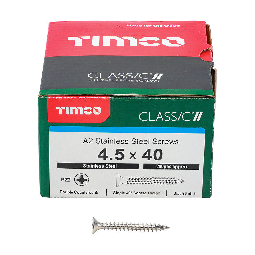 This is an image showing TIMCO Classic Multi-Purpose Screws - PZ - Double Countersunk - A2 Stainless Steel
 - 4.5 x 40 - 200 Pieces Box available from T.H Wiggans Ironmongery in Kendal, quick delivery at discounted prices.