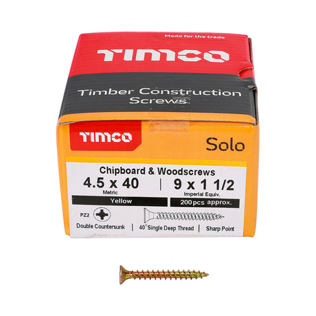 This is an image showing TIMCO Solo Chipboard & Woodscrews - PZ - Double Countersunk - Yellow - 4.5 x 40 - 200 Pieces Box available from T.H Wiggans Ironmongery in Kendal, quick delivery at discounted prices.