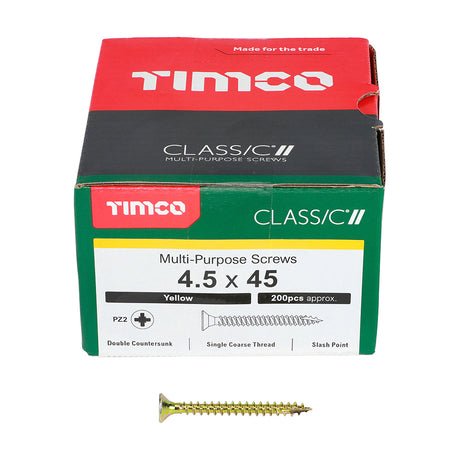 This is an image showing TIMCO Classic Multi-Purpose Screws - PZ - Double Countersunk - Yellow - 4.5 x 45 - 200 Pieces Box available from T.H Wiggans Ironmongery in Kendal, quick delivery at discounted prices.