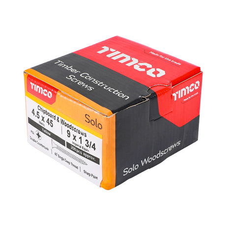 This is an image showing TIMCO Solo Chipboard & Woodscrews - PZ - Double Countersunk - Yellow - 4.5 x 45 - 200 Pieces Box available from T.H Wiggans Ironmongery in Kendal, quick delivery at discounted prices.