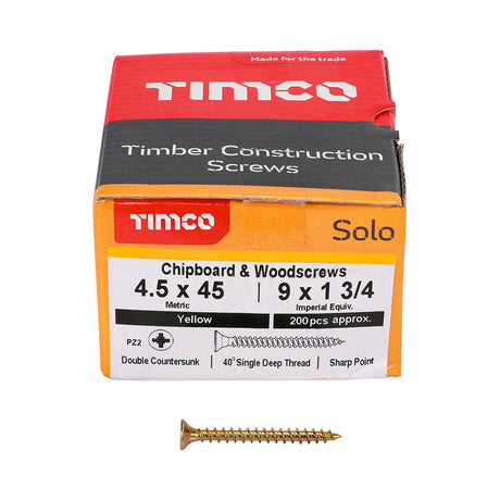 This is an image showing TIMCO Solo Chipboard & Woodscrews - PZ - Double Countersunk - Yellow - 4.5 x 45 - 200 Pieces Box available from T.H Wiggans Ironmongery in Kendal, quick delivery at discounted prices.