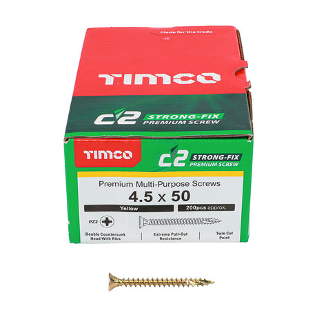 This is an image showing TIMCO C2 Strong-Fix - PZ - Double Countersunk - Twin-Cut - Yellow - 4.5 x 50 - 200 Pieces Box available from T.H Wiggans Ironmongery in Kendal, quick delivery at discounted prices.