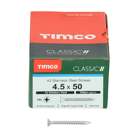 This is an image showing TIMCO Classic Multi-Purpose Screws - PZ - Double Countersunk - A2 Stainless Steel
 - 4.5 x 50 - 200 Pieces Box available from T.H Wiggans Ironmongery in Kendal, quick delivery at discounted prices.