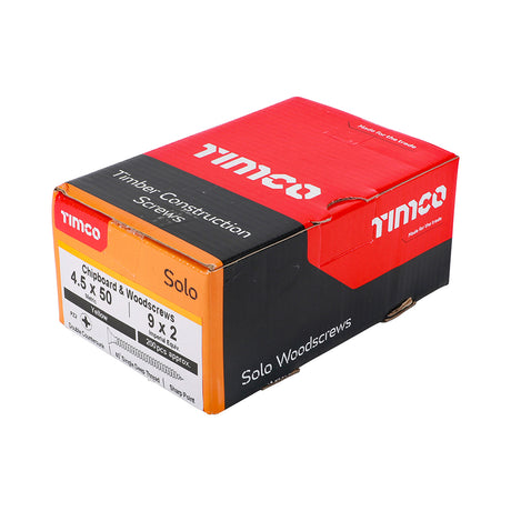 This is an image showing TIMCO Solo Chipboard & Woodscrews - PZ - Double Countersunk - Yellow - 4.5 x 50 - 200 Pieces Box available from T.H Wiggans Ironmongery in Kendal, quick delivery at discounted prices.