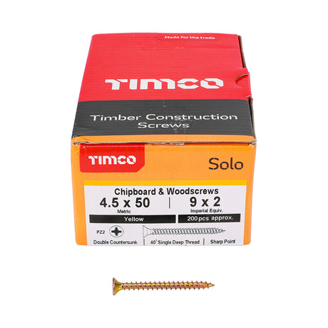 This is an image showing TIMCO Solo Chipboard & Woodscrews - PZ - Double Countersunk - Yellow - 4.5 x 50 - 200 Pieces Box available from T.H Wiggans Ironmongery in Kendal, quick delivery at discounted prices.