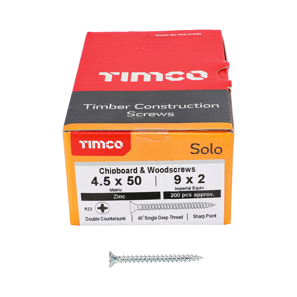 This is an image showing TIMCO Solo Chipboard & Woodscrews - PZ - Double Countersunk - Zinc - 4.5 x 50 - 200 Pieces Box available from T.H Wiggans Ironmongery in Kendal, quick delivery at discounted prices.