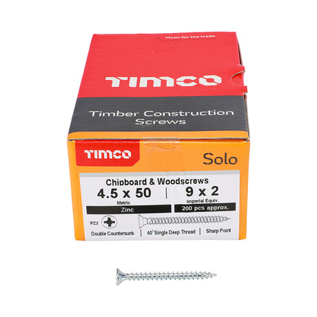 This is an image showing TIMCO Solo Chipboard & Woodscrews - PZ - Double Countersunk - Zinc - 4.5 x 50 - 200 Pieces Box available from T.H Wiggans Ironmongery in Kendal, quick delivery at discounted prices.