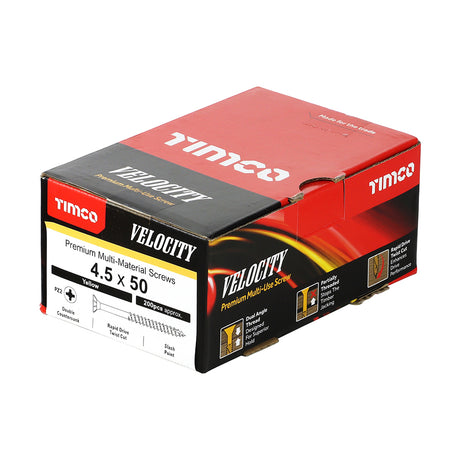 This is an image showing TIMCO Velocity Premium Multi-Use Screws - PZ - Double Countersunk - Yellow
 - 4.5 x 50 - 200 Pieces Box available from T.H Wiggans Ironmongery in Kendal, quick delivery at discounted prices.