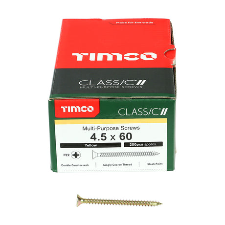 This is an image showing TIMCO Classic Multi-Purpose Screws - PZ - Double Countersunk - Yellow - 4.5 x 60 - 200 Pieces Box available from T.H Wiggans Ironmongery in Kendal, quick delivery at discounted prices.