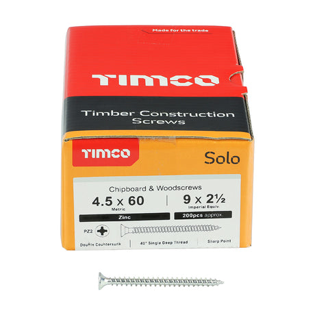 This is an image showing TIMCO Solo Chipboard & Woodscrews - PZ - Double Countersunk - Zinc - 4.5 x 60 - 200 Pieces Box available from T.H Wiggans Ironmongery in Kendal, quick delivery at discounted prices.