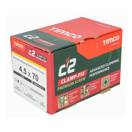 This is an image showing TIMCO C2 Clamp-Fix - TX - Double Countersunk with Ribs - Twin-Cut - Yellow - 4.5 x 70 - 200 Pieces Box available from T.H Wiggans Ironmongery in Kendal, quick delivery at discounted prices.