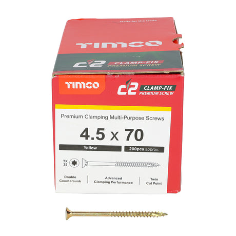 This is an image showing TIMCO C2 Clamp-Fix - TX - Double Countersunk with Ribs - Twin-Cut - Yellow - 4.5 x 70 - 200 Pieces Box available from T.H Wiggans Ironmongery in Kendal, quick delivery at discounted prices.