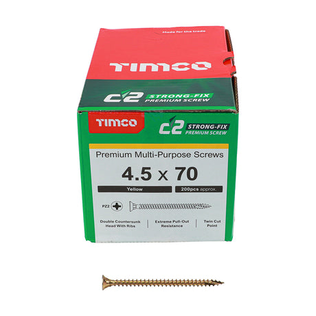 This is an image showing TIMCO C2 Strong-Fix - PZ - Double Countersunk - Twin-Cut - Yellow - 4.5 x 70 - 200 Pieces Box available from T.H Wiggans Ironmongery in Kendal, quick delivery at discounted prices.